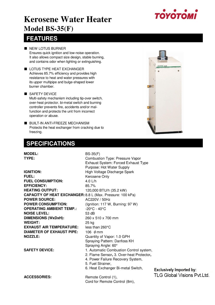 TOYOTOMI India KEROSENE WATER HEATER MODEL BS35(F)